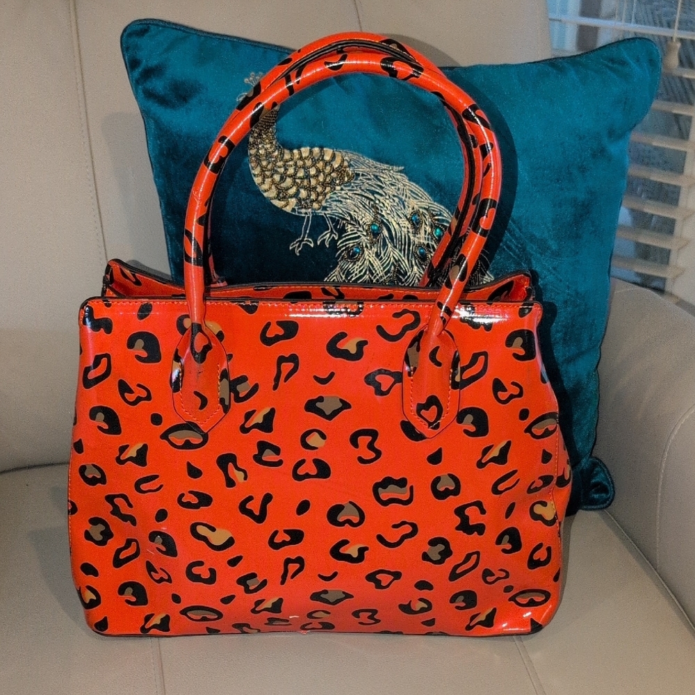 Orange Leopard Print Satchel with Bee Accent - Picture 6 of 15